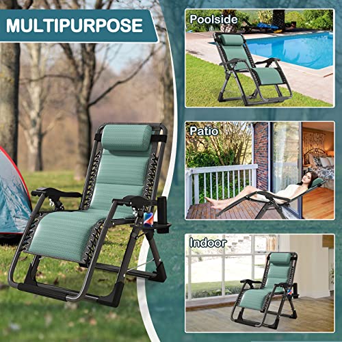 NAIZEA Padded Zero Gravity Chair, Cooling Fabric Folding Outdoor Lounge Chairs, Adjustable Reclining Camping Chairs with Cup Holder, Ergonomic Patio Lawn Chair for Balcony Beach Deck Yard - color: Ice Silk Green, style: Zero Gravity Chair 2 Pack