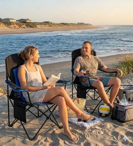 FAIR WIND Camping Chair 400 LBS Capacity Fully Padded Portable Chair with Side Pocket & Cup Holder, Heavy Duty Lawn Chair for Outside, Tailgating,Beach, Sports - color: Blue, size: Single Pack