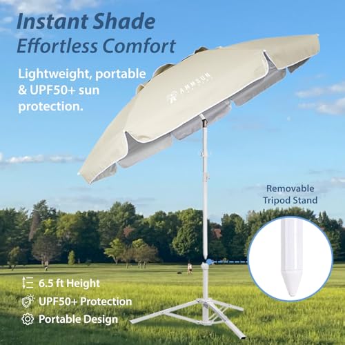 AMMSUN Shade Umbrella, Premium Portable Umbrella with Stand, 6.5ft Lightweight Free Standing Canopy for Sporting Games, Adjustable Instant Sun Protection and Easy to Carry, Beige - color: Beige