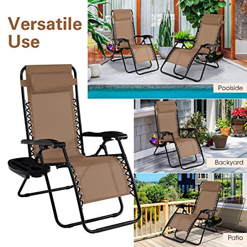 Folding Zero Gravity Reclining Textilene Lounge Chairs, Outdoor Adjustable Patio w/Pillows & Cup Holder Trays for Backyard, Beach, Poolside (BE)