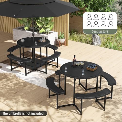 Byroce 8-Person Picnic Table for Outdoors, HDPE Picnic Table Set with 4 Benches, Umbrella Hole & Metal Frame, Heavy Duty Round Dining Table Chairs for BBQ Party in Patio, Yard & Poolside (Black) - color: Black