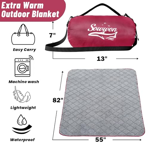 Waterproof Outdoor Blanket 82”X 55” Packable, Stadium Blankets for Camping with Sherpa Fleece Lining, Large Windproof Emergency Throw Mat for Garss Picnic Hiking Road Trip, Machine Washable, Wine - color: Sherpa Wine-300 Gsm, size: 82"x 55"