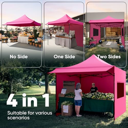 Quictent 10x10 Heavy Duty Pop up Canopy Tent with 3 Removable Sidewalls, Commercial Grade Instant Shelter with Wheeled Bag for Outdoor, Parties, Markets, 600D PU Coated UPF 50+ Sun Shield - color: Pink, size: 10x10