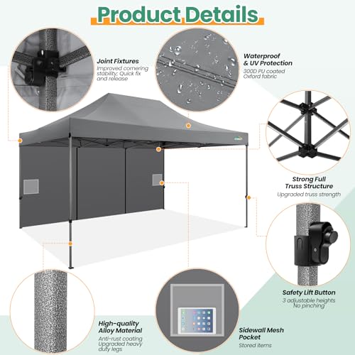 COBIZI 10x15 FT Heavy Duty Pop up Canopy with 4 Removable Sidewalls, Easy up Gazebo High Stability, All Weather Sunshade 100% Waterproof Outdoor Canopy Tents with Carry Bag, Gray - color: Gray, size: 10x15 with 4 sidewalls