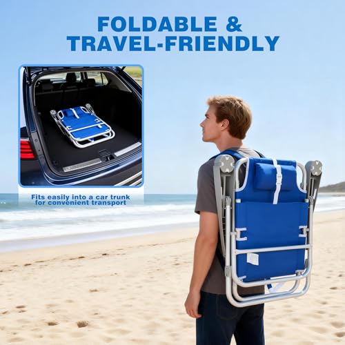 SUNNYFEEL Extra Wide 28" Low Beach Chair 2 Pack 5 Position Lay Flat, XL Oversized Portable Folding Camping Chairs with Cup Holder for Outdoor/Trip, Foldable Backpack Beach Chair for Adults - color: Navy Blue, size: 2-PACK