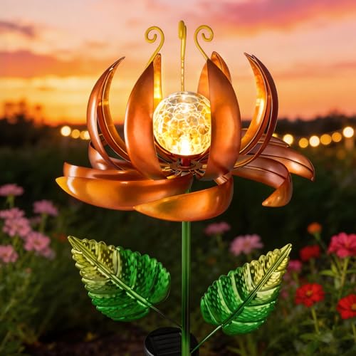 Solar Yard Lights Wind Spinners- Metal Lotus Flower Garden Decor LED Crackle Glass Globe Yard Art Sculpture Solar Stake Lights for Patio Pathway Lawn Walkway (Yellow-Large) - color: Yellow-large