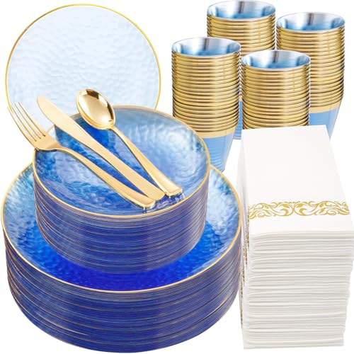 DaYammi 350PCS Clear Blue Gold Plastic Dinnerware Set for 50 Guests, Hammered Disposable Plates for Party, Include: 50 Dinner Plates, 50 Dessert Plates, 150 Gold Silverware, 50 Napkins, 50 Cups - color: Clear Blue, size: 350 Pcs
