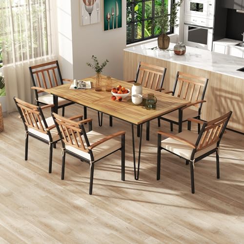 Tangkula 63" Large Patio Dining Table for 6, Acacia Wood 6-Person Dining Table with 2" Umbrella Hole & Metal Legs & Adjustable Foot Pads, Rectangular Outside Table for Garden, Poolside & Backyard - size: 63"