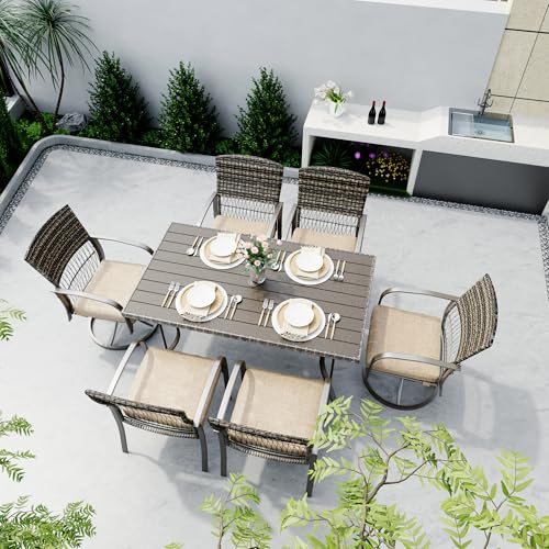 Pamapic 7-Piece Outdoor Dining Set with Table, Patio Furniture Includes 2 Swivel Chairs, 4 Wicker Chairs & Beige Removable Cushions, Weather Resistant Iron Frame for Backyard, Deck, Garden (Beige) - color: Beige