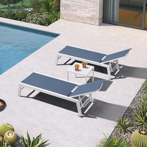 PURPLE LEAF Patio Lounge Chair 2 Pieces White Aluminum Outdoor Chaise Lounge for Pool Backyard Beach with Wheels and Table, Indigo - color: Indigo, style: Standard Inclining-leg