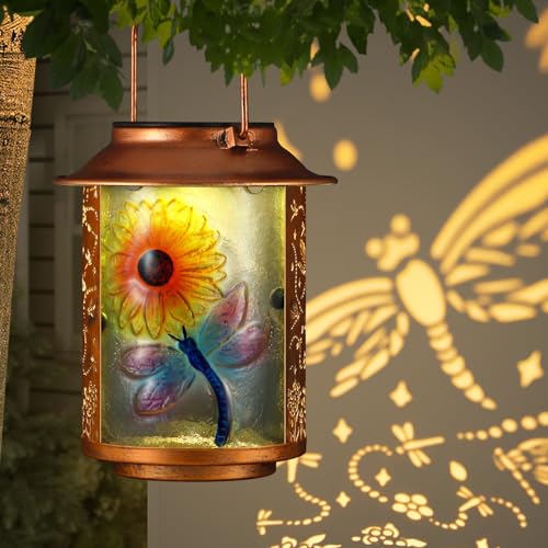 Dragonfly Solar Lanterns Outdoor Waterproof, Birthday Gifts for Women Mom Grandma , Metal Garden Decor Hanging Solar Lights Outside Decorative for Yard Patio Backyard Porch Decorations (Sunflower) - style: Dragonfly+Sunflower