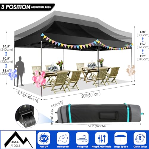 COBIZI 10x20 Canopy with Sidewalls, Heavy Duty Party Tent Pop up Canopy, Tents for Parties, Wedding, Outdoor Easy up Foldable Portable Canopy Tent with Wheeled Bag, Black(Windproof Upgrade) - color: Black, size: 10x20 With Sidewalls