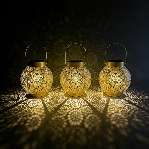 Solar Lanterns Outdoor Hanging 2 Pack, Waterproof Metal Garden Lights with Polka Dot Cutout Design, Dusk to Dawn Auto On/Off LED Decorative Lamp for Patio Porch Yard Tabletop, Shiny Gold - color: Shiny Gold Polka Dot