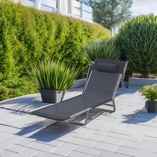 Outsunny Folding Chaise Lounge Pool Chairs, Outdoor Sun Tanning Chairs with Pillow, Reclining Back, Steel Frame & Breathable Mesh for Beach, Yard, Patio, Black - color: Black