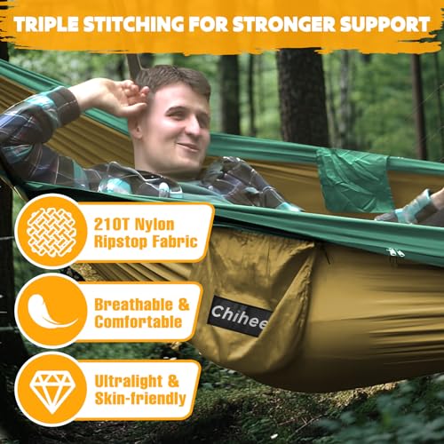 Chihee Ultra-Light Travel Camping Hammock Pop-up Net Hammock 660lbs Load Capacity,Breathable,Quick-Drying Parachute Nylon 2 Premium Carabiners,2 Tree Slings Included for Outdoor Backpacking Hiking - color: Camel/Olive Green