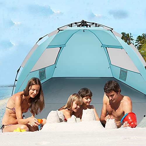 Oileus X-Large 4 Person Beach Tent Sun Shelter - Portable Sun Shade Instant Tent for Beach with Carrying Bag, Stakes, 6 Sand Pockets, Anti UV for Fishing Hiking Camping, Waterproof Windproof, Sky Blue - color: Sky Blue