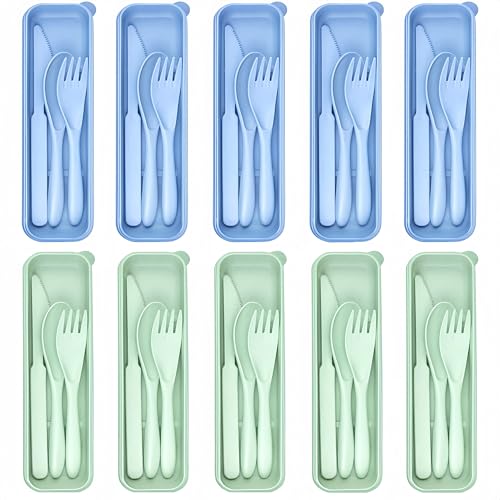 10 Set Reusable Travel Utensils Set with Case,Wheat Straw Travel Cutlery Set Portable Knife Fork Spoons Tableware Picnic Silverware for Party, Picnic, Camping, Kitchen, Camping-Blue&Green - color: Blue&Green