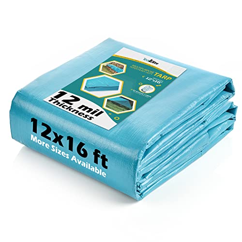 Tarps Heavy Duty Waterproof 12x16-12 mil Thick Camping Tent - Blue Tarp 12x16 UV Resistant, Rip & Tear Proof with Metal Grommets – Multipurpose Use for Camping, Tent, Boat, RV, Car, & Pool Cover - size: 12'x16'