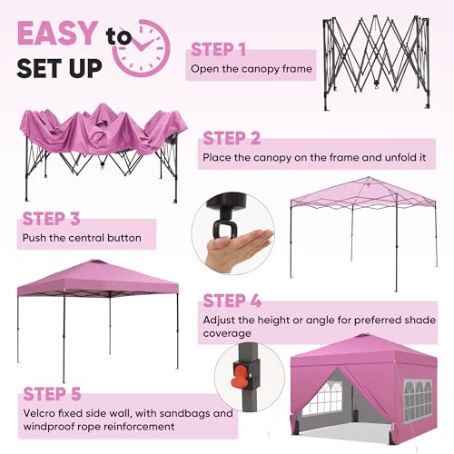 GDY 10x10 Pop Up Canopy Tent with 4 Sidewalls, Easy Set up with One Push Lift Outdoor Silver Coated Beach Gazebos, Carpas with 4 Sandbags, for Outdoor, Parties,Camping, Pink. - color: Pink, size: 10x10 with 4 Sidewall