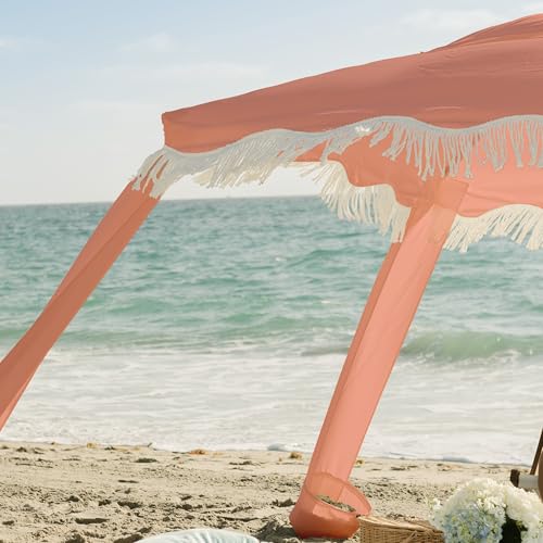 AMMSUN Beach Cabana with Fringe, 7' x 7' Boho Beach Canopy with Tassels, Easy Set up & Premium Wood Pole, Cabana Tent with Sand Pockets, Instant Sun Shade for Sand, Garden, Patio, Coral Pink - color: Coral Pink