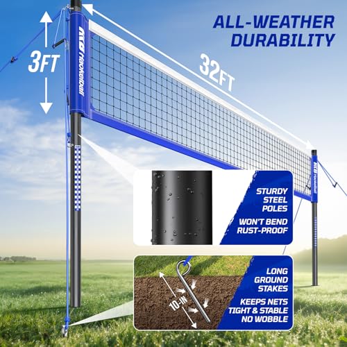 Haokelball Outdoor Volleyball Net Set for Backyard, 32FT Regulation, 3-Level Adjustable Height & Anti-Sag Tension System, Heavy Duty Thick Poles, Includes Volleyball, Pump, Boundary Line and Carry Bag - color: A-Blue