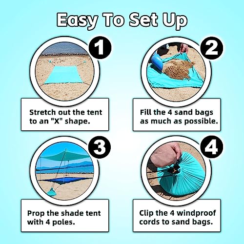 EasierHike Beach Shade Tent, 10 × 10 Ft Portable Easy Pop Up Beach Canopy, UPF50+ Sun Protection Shelter, Windproof & Water Resistant, Stable with 4 Sandbags & Windproof Cords, Perfect for Family - color: Turquoise, size: 10x10 FT 4 Poles
