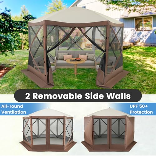 Tangkula 11.5x11.5 Ft Pop Up Gazebo with Netting, Portable Screen Tent with 6 Sided Mesh Walls, 2 Sunshade Cloths, Outdoor Instant Canopy Shelter with Carry Bag for Camping, Lawn, Backyard - color: Brown, size: 11.5x11.5 Ft