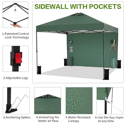 Tunbne 10'x10' Pop Up Canopy Tent with 1 Sidewall and 6 Pockets, One Push Setup, Instant Shade Tent with Vented Roof for Beach Patio Outdoor, Case, 8 Stakes, 4 Ropes, 4 Sandbags (Green, 10x10) - color: Green, size: 10x10