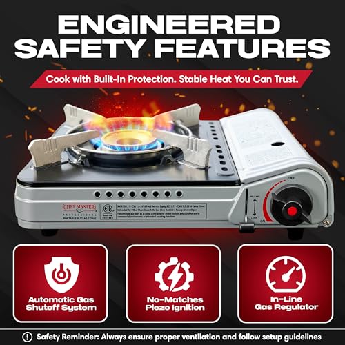 Chef Master 12,000 BTU Portable Butane Stove - Gas Burner for Camping & Outdoor Cooking - Countertop Cooktop with Carry Case, Wind Guard & Electronic Ignition - Portable Cooker & Burner Stove – 90235 - size: Stove Only