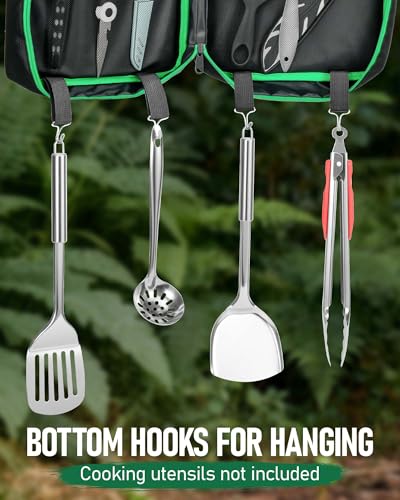 FANGSUN Camping Cooking Utensils, 16 PCS Portable Camping Kitchen Set with Grill Accessories, Camp Gifts for Men Dad, New Year‘s Presents for RV, Hiking, Picnic, Backpacking - color: Green-Only Bag