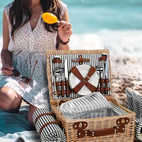 Picnic Basket with Blanket and Wine Pouch for 4, Wicker Picnic Set with Insulated Liner Cooler Bag Hamper for Camping,Wedding - Stripes - color: Stripes With Blanket for 4