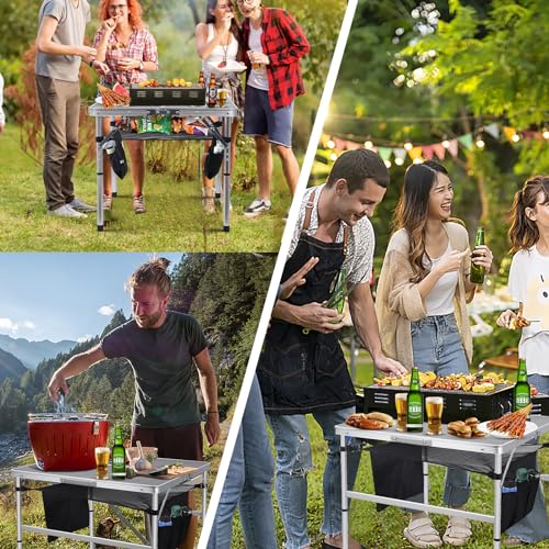 C Square Folding Height Adjustable Aluminum Table - 23.6"x23.6" White, Mesh Bag, Carry Handle, Ideal for Grill, Camping, Outdoor, Card Games