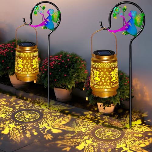2 Packs Fairy Solar Lanterns Outdoor Waterproof with Shepherd Hook,Hanging Solar Lights Fairy Garden Decor,Christmas Decorations Gifts for Women Grandma,Metal Decorative Lanterns for Yard,Patio,Porch - style: 2 packs solar fairy lanterns