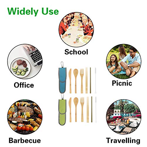 UPTRUST 2 Set Bamboo Cutlery Set Bamboo Travel Utensil Reusable Table cutlery Fork Knife Spoon Chopsticks Straw Cleaning Brush for Travel Picnic School Office（Skyblue& Green） - color: Skyblue& Green