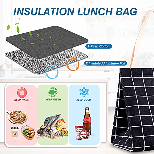 iknoe Insulated Lunch Bag for Women & Adults, 9L Foldable Wide-Open Cooler Bag with Pockets, Leakproof & Portable, for Picnic, Office, Beach(Black square) - color: Black Plaid, size: Velcro Closure