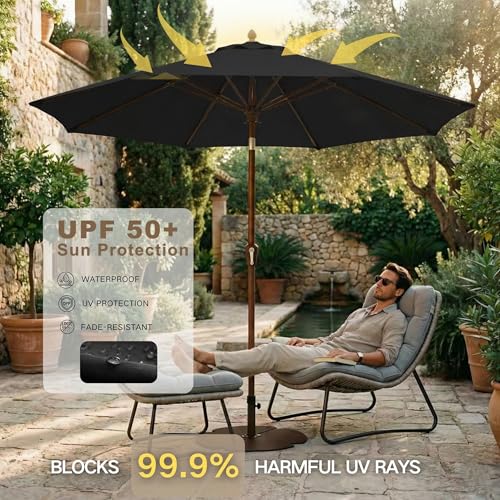 Kingdura 10FT Outdoor Patio Umbrella, Market Table Umbrella with Push Button Tilt and Crank, 8 Sturdy Fiberglass Ribs, UV Protection for Pool, Lawn, Deck, Backyard, Garden (Black) - color: Black, size: 10 Ft