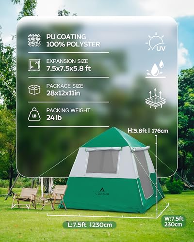 CORANI 14.1'x6.5'x9' Inflatable Tents for Camping, Portable 6/8/10 Person Blow Up Air Tent, Waterproof Windproof Easy Setup Large Family Tent with 2 Doors, 6 Windows, Mosquito Screen - color: Nomad Green, size: 4 person 7.5x7.5ft
