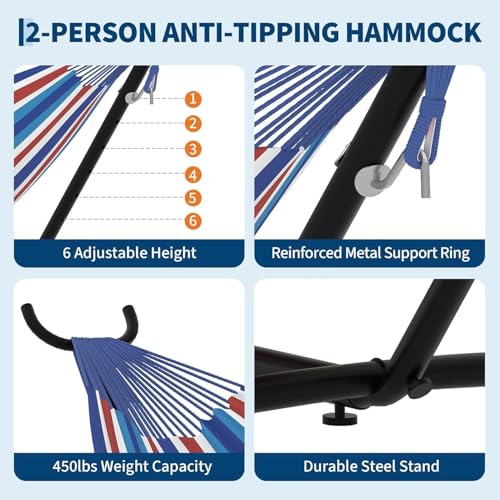 TrailBlaze Double Hammock with Stand, Heavy Duty Portable Steel Hammock Set for Outdoor and Indoor Use, 500lb Capacity, Includes Carrying Bag, Space Saving Design,Quick Assembly - color: Blue, White and Red Stripes