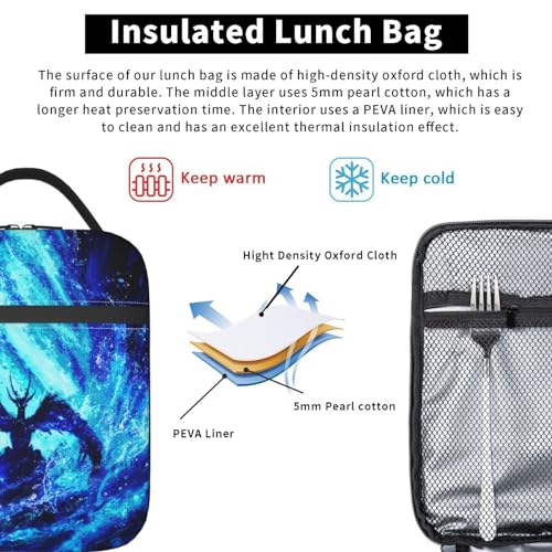 Cool Blue Dragon Insulated Lunch Bag Portable Reusable Zipper Lunch Box For Men Women Work Picnic Travel Camping - color: Black21