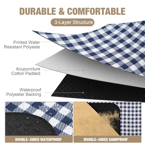 G GOOD GAIN Picnic Blankets Outdoor Extra Large - 80"x80" Portable Waterproof Picnic Blanket, Machine Washable 3-Layer Foldable Park Mat with Sandproof Backing for Grass, Hiking, Travel (Blue) - color: Blue