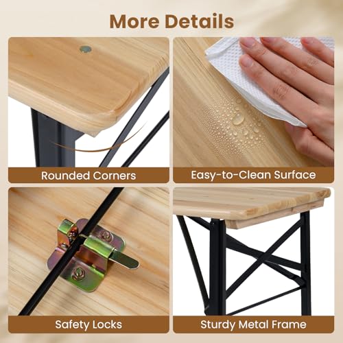 Giantex 3-Piece Folding Picnic Table with Benches Set, Solid Wood Camping Beer Table Bench Set with Metal Frame, Portable Patio Dining Furniture, Indoor & Outdoor Folding Table and Chairs for 4 (47'') - size: 47''