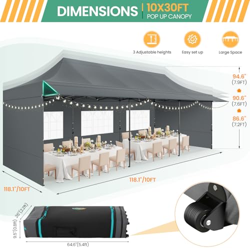 COBIZI 10x30 Pop Up Canopy Tent with Awning & Sidewalls, Heavy Duty Commercial 10X30 Canopy Tents Instant Waterproof, UPF 50+ Sun Shade for Outdoor, Parties, Markets (Gray) - color: Gray, size: 10x30FT with 5 Sidewalls & 3 Awning Cloth