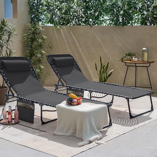 Flamaker Foldable Chaise Lounge Chair 5-Position Adjustable, Tanning Chair with Side Pocket, Outdoor Sunbathing for Pool, Beach, Patio, Lawn, Indoor Recliner Chair for Napping(Grey, 1 Pcs) - color: Grey, style: Normal, 1 Pcs