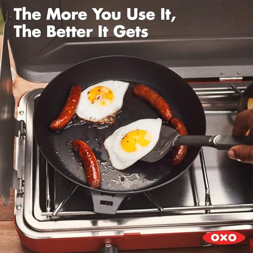 OXO Outdoor Pre-Seasoned Carbon Steel 12" Frying Pan Skillet, Detachable Handle for Easy Storage, Indoor Use, Nonstick with Use, Induction Suitable,Oven & Broiler Safe,Browning, Grill,Sear,Saute,Black - size: 12" Frying Pan Skillet Set