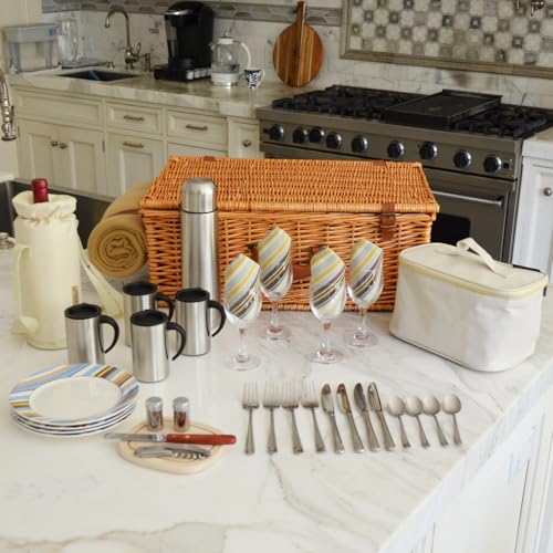 Picnic at Ascot Dorset English-Style Willow Picnic Basket with Service for 4, Coffee Set and Blanket - Santa Cruz - color: Wicker With Santa Cruz Plates/Napkins