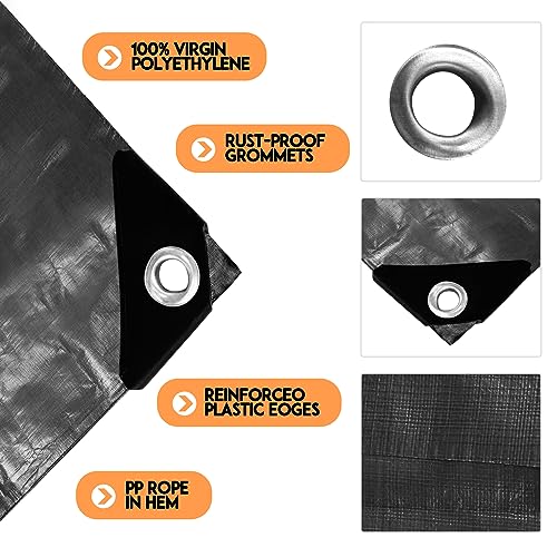 Tarp Heay Duty Waterproof 8x10ft,Black Tarp Plastic Cover Poly Tarpaulin for Outdoor Cover,Emergency Rain,Roof, Pool, Boat,Camping - Multipurpose with 12Mil Thickness - color: Black-12mil, size: 8x10