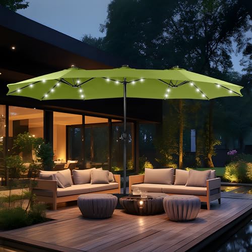 MFSTUDIO 15ft Double Sided Patio Umbrella with Solar Lights, Outdoor Large Umbrellas with Crank Handle and 36 LED Lights, Rectangular Market Umbrella with Base Included for Deck Pool Shade, Lime Green - color: Lime Green