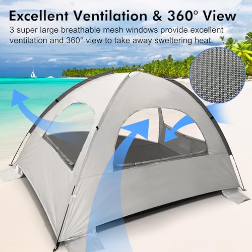 WhiteFang Beach Tent Anti-UV Portable Sun Shade Shelter for 3/4/6/8 Person, Extendable Floor with 3 Ventilating Mesh Windows Plus Carrying Bag, Stakes and Guy Lines - color: Baby's Breath, size: 8 Person