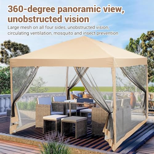 10x10 ft Pop-Up Canopy Tent with Mesh Mosquito Netting Sidewalls, Waterproof UV-Block Screen Shelter for Camping, Backyard, Patio, Garden & Outdoor Events - color: Beige, size: 10x10ft