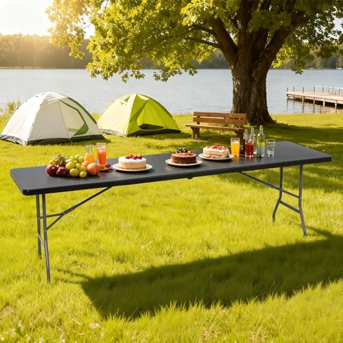 BestOffice 8 FT Picnic Table Folding Table Camping Plastic Table Fold Up Table Lock for Party Event, Black - color: Black, size: 8 FT 29"x94"
